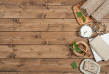 Body Care Kit. Cream, Toiletries, Soap, Shampoo, Towels. Top View.