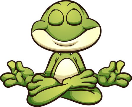 Meditating cartoon frog in lotus flower pose. Vector clip art illustration with simple gradients. All in a single layer. 