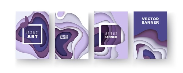 3d lilac and dark blue layers of wave shapes Paper cut Abstract background Set