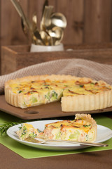 Home Baked Salmon Quiche With Broccoli. Traditional British Food.