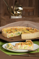 Home Baked Salmon Quiche With Broccoli. Traditional British Food.