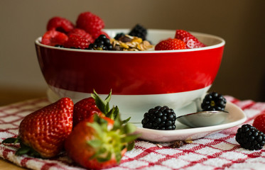 Healthy breakfast concept with oat flakes on tablecloth