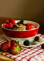 Healthy breakfast concept with oat flakes on tablecloth