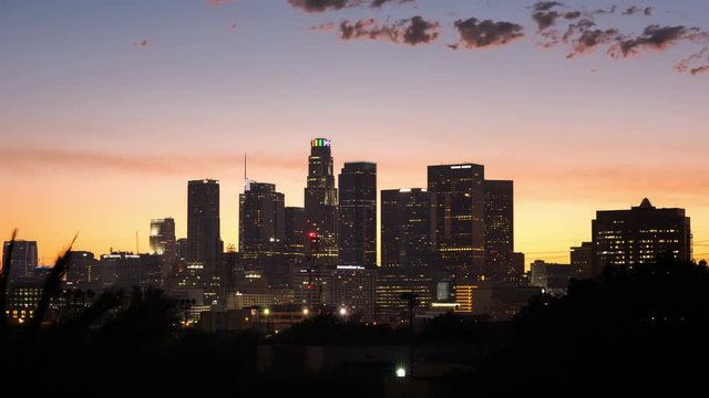 Time lapse Los Angeles downtown. Sunset to night transition