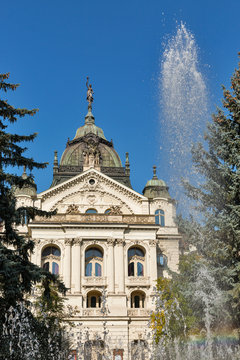 Singing Fountain and State Theater in Kosice Old Town, Slovakia.