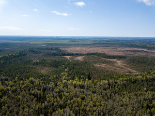 Fototapeta na wymiar drone image. aerial view of rural area with fields and forests and swamp lake with blue water