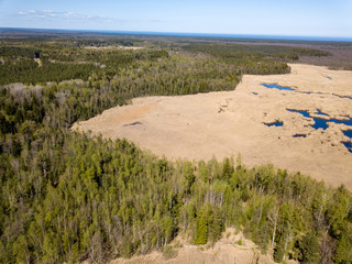 drone image. aerial view of rural area with fields and forests and swamp lake with blue water