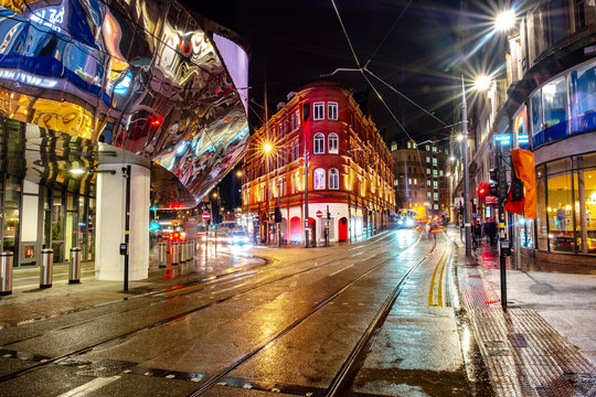 Night Life In The Center Of Birmingham, UK. Dark Black Sky