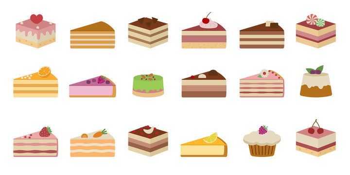 Set of sweet yummy cakes. Isolated on white background. Vector illustration.