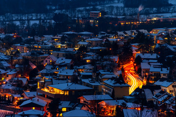 Aerial view of Vaduz, Liechtenstein at night, illuminated streets