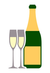 Bottle of champagne wine and pair of glasses colorful flat icon for your design.