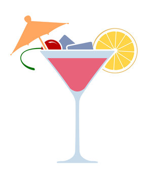 Wine glass of martini cocktail in very bright color tones. Flat icon for Your design.