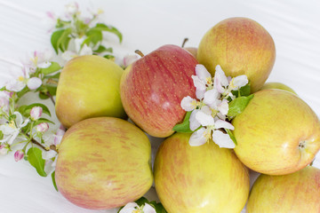 apple flowers and ripe apples on a white wooden background.