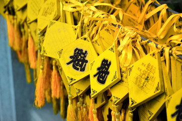 Bunch of wish tags souvenirs and decoration on market