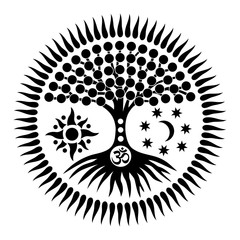 Mandala with the tree of life and the sign of Aum (ohm). Mystical symbol. The sun, the moon and the universe. Black and white graphics. Vector - obrazy, fototapety, plakaty