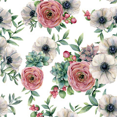 Watercolor seamless pattern with succulent, ranunculus, anemone. Hand painted flowers, eucaliptus leaves and succulent branch isolated on white background. Ilustration for design, print or background.