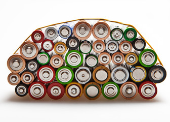 Used batteries bonded by a rubber band.