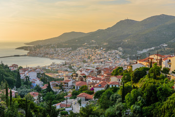 View of Samos town at sunset, Samos island, Greece