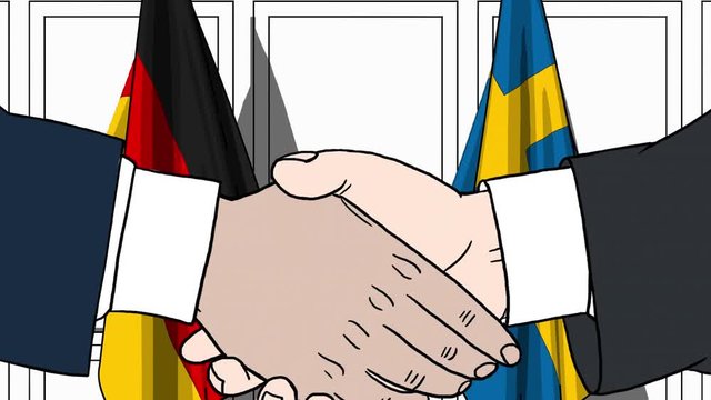 Businessmen or politicians shake hands against flags of Germany and Sweden. Official meeting or cooperation related cartoon animation