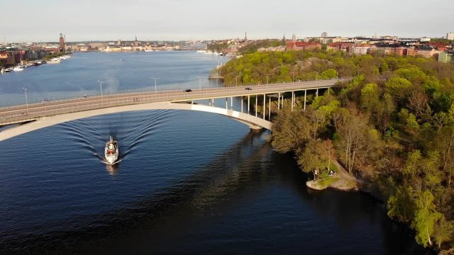 Aerial view of bridge Vasterbron on a spring evening with central Stockholm in the backdrop 