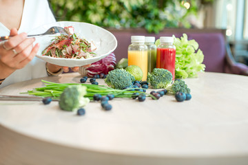 Healthy vegetarian food with smoothies on the table