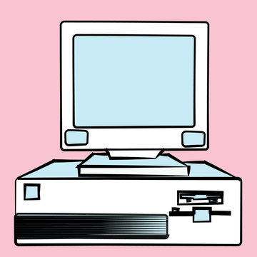 Old retro vintage antique hipster obsolete stationary personal computer with a system unit and a flop bottom on a pink background. illustration