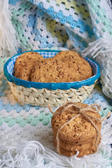 Cookies with sesame and sunflower seeds on plaid. Healthy eating