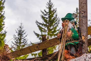 Gartenzwerg mit Fernglas vor Holzzaun
