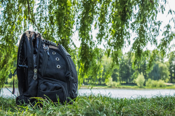 Black travel backpack bag on nature summer landscape unfocused background