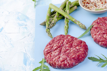 Meat cutlets for grilling and asparagus. Protein food. Place for text