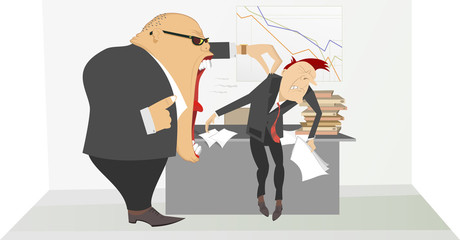 Angry boss and employee illustration. Angry chief scolds his frightened employee holding him by the collar of the jacket illustration 
