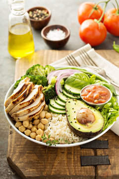 Healthy lunch bowl with grilled chicken