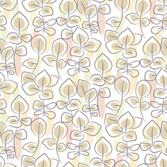 Fototapeta na wymiar Hand drawn eucalyptus seamless vector pattern. Line sketch style repeat texture with plant branches and brush strokes pattern.