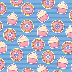 background with donuts and muffins pattern, colorful design. vector illustration