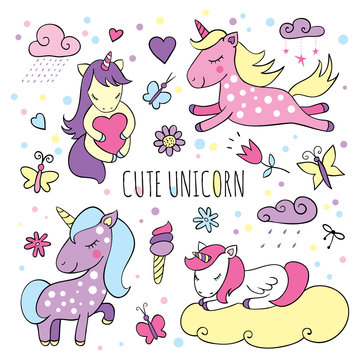Set of magical items with cute unicorns