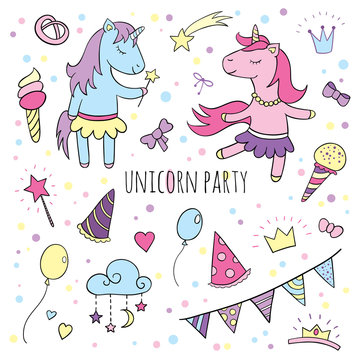Funny unicorns set, collection of Happy Birthday.