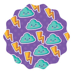 with lightning and kawaii clouds pattern over white background, colorful design. vector illustration