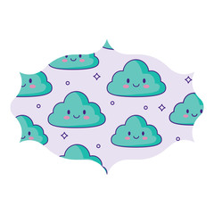 arabic frame with kawaii clouds pattern over white background, colorful design. vector illustration
