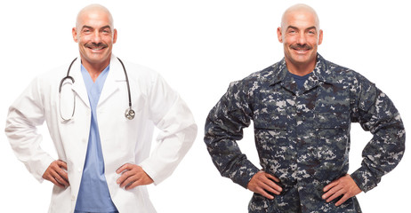 Doctor in scrubs on white background and in navy uniform.