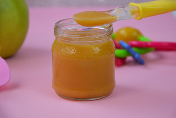 Fresh, organic pureed fruits for baby. Shot for a story on homemade, organic, healthy baby foods.