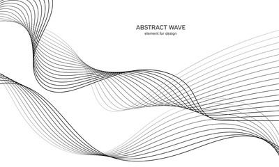 Abstract wave element for design. Digital frequency track equalizer. Stylized line art background. Vector illustration. Wave with lines created using blend tool. Curved wavy line, smooth stripe.
