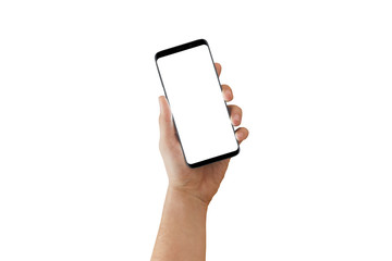 A man holds a black smartphone with round edge and isolated white display for website presentation. White background.