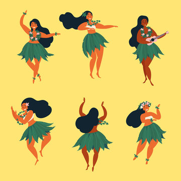 Set of girl in dance and sing with ukulele positions. Beautiful graceful Hawaiian girl dancing hula in traditional costume. Garland and green skirt wearings. Vector cartoon illustration