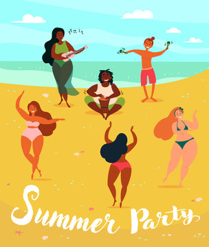 Hawaii summer party poster. Three young hula girls dancing, one singing with ukulele and two guys on the beach, near the sea. Musical party. Ukulele, drum and marakas. Vector illustration