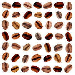 Watercolor illustration of brown coffee grain beans pattern set
