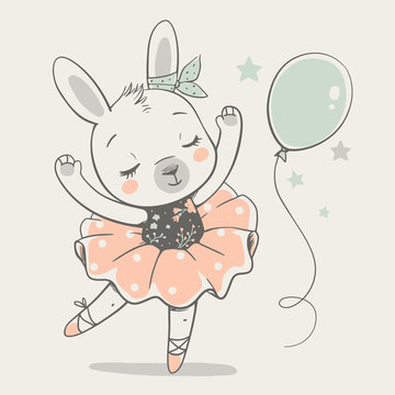 Cute dancing bunny ballerina cartoon hand drawn vector illustration. Can be used for t-shirt print, kids wear fashion design, baby shower celebration greeting and invitation card.