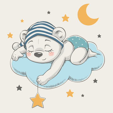 Cute dreaming bear cartoon hand drawn vector illustration. Can be used for t-shirt print, kids wear fashion design, baby shower celebration greeting and invitation card.