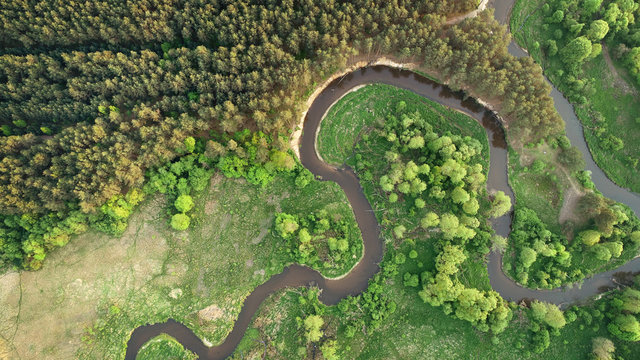 Aerial view of natural river in spring