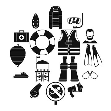 Lifeguard save icons set. Simple illustration of 16 lifeguard save vector icons for web