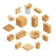 Fototapeta premium Parcel packaging box icons set. Isometric illustration of 16 parcel packaging box vector icons for web